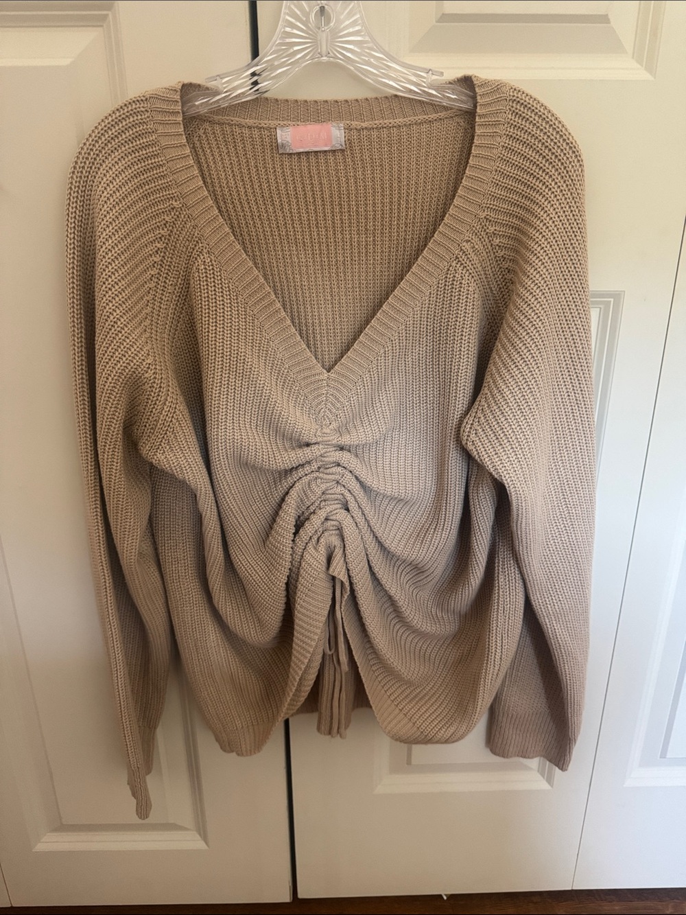 Ruched V-Neck Sweater in Beige